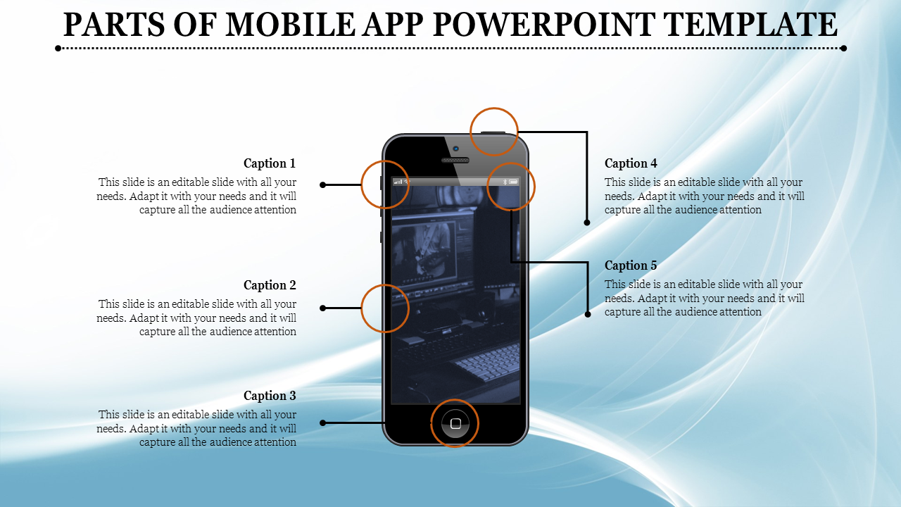 Creative Mobile App PowerPoint Template with Five Nodes